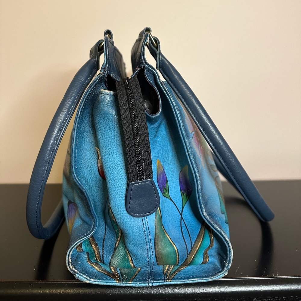 Anuschka Hand Painted Leather Teal Floral Tote Shoulder Handbag Purse - Picture 4 of 16